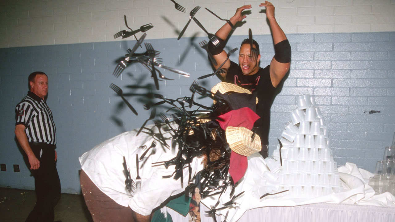 The Rock and Mankind battle backstage during their Empty Arena Match