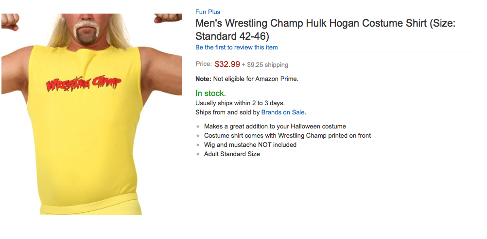Hulk Hogan Wrestling Champ costume shirt Amazon screenshot