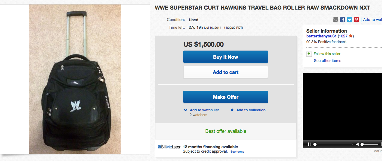 Curt Hawkins WWE travel bag eBay price