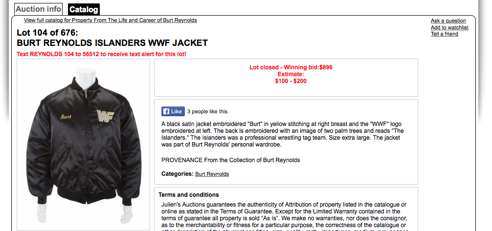 Burt Reynolds WWF The Islanders jacket auction listing