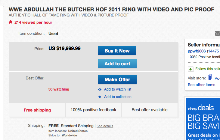 Abdullah The Butcher WWE Hall Of Fame ring eBay listing