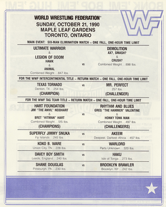 WWF Lineup Sheet Orlando 1/10/93 1993 Program Magazine 209 Shawn