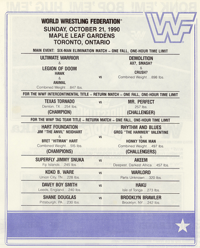 WWF Lineup Sheet Orlando 1/10/93 1993 Program Magazine 209 Shawn