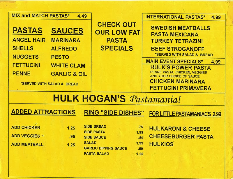 Hulk Hogan Pastamania Menu 3