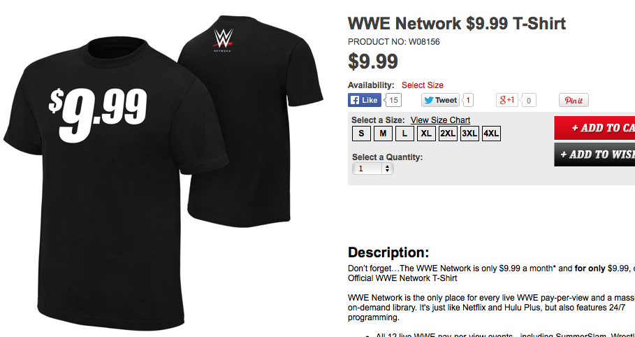 WWE Network $9.99 shirt website listing